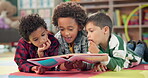 Children, book and reading on floor at school, learning and literacy knowledge or mind development. Boys, kids and storytelling for education, english and literature information on mat for language