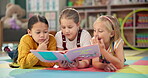 Children, book and reading together at school, learning and literacy knowledge or mind development. Girls, kids and storytelling for education, english and literature information on mat for language