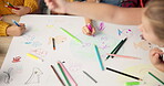 Children, group and hands drawing for creative project or school teamwork for art class, learning or lesson. Pencils, colouring and paper as friends with childhood development, Montessori or craft