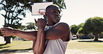 Fitness, sports and stretching with black man on basketball court for game, practice or training. Exercise, start and warm up with athlete getting ready for competition or performance outdoor