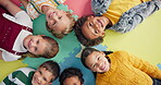 Happy, kids and laying in circle on mat in school with top view for relax, fun and portrait in class. Group, children and happy on floor for education, learning and knowledge with game for bonding