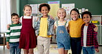 Children, diversity and kindergarten standing in class, bonding and education support with friends or students. Childhood, development and growth with community, innocent and learning environment