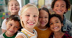 Children, school and happy in class selfie, student and fun with group for childcare development and growth and smile. Fun, diversity and bonding with friends or peers, learn environment or classroom