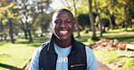 Volunteer, black man and portrait for park clean up, community and charity for environmental safety. NGO, outreach and worker in nature, forest and climate change for sustainable pollution project