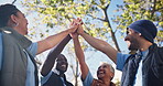 People, volunteers and high five in outdoor for success of community service or program, collaboration and teamwork. Diversity, unity and together to celebrate for development, social justice and ngo