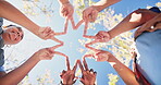 People, star and hands together in outdoor for support or community service, solidarity and diversity with unity for synergy. Teamwork, bottom view and group for volunteer for garden cleanup program.