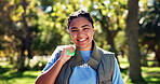 Volunteer, woman and trash bag for portrait, park and clean up for charity or environmental safety. NGO, outreach and worker in nature, portrait and climate change for sustainable pollution project