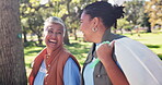 Recycling, laughing and women volunteering with plastic bag for community service, outreach or waste. NGO charity, garbage and friends for trash collection, pollution or earth day project in park