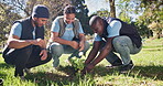 Teamwork, planting and community project in nature, park and garden for sustainable environment. Collaboration, climate change and happy volunteers with flower, growth and green ecology for earth day