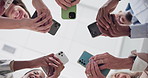 Low angle, hands and business people with smartphone, circle and typing with social media, connection and network. Group, staff or employees with technology, cellphone or mobile user with digital app