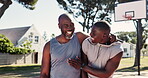 Face, black people and hug in basketball court after sports, fitness and challenge in nature. Players, exercise and training outside with father and son, smile and proud dad for hobby or performance