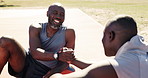 Handshake, black people and relax in basketball court after sports, fitness and playing in nature. Players, exercise and training outside with father and son, smile and rest for hobby or activity