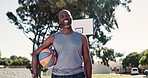 Black man, portrait and happy on basketball court for training, exercise and sport for fitness in Atlanta. Athlete, healthy and workout or practice with ball as player with confidence for career