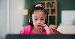 Little girl, talking and headphones in home for online learning or education, virtual classes or courses and homeschooling. Child, elearning and conversation for interaction, development and laptop.