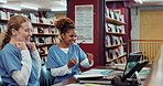 Happy women and nursing students studying with notes and celebration in library for good results in test. Female people, medical school and victory in examination with textbook and triumph together