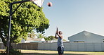 Black man, training and playing at basketball court for practice, exercise and sport for fitness in Atlanta. Athlete, healthy and workout for competition as player with passion for career in outdoor 