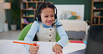 Education, girl and child with headset for e learning on laptop for lesson, writing homework and studying for knowledge growth. Smile, student and virtual class, course and academic development