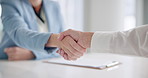 Handshake, business people and hiring with agreement, contract and support with job interview. Achievement, employer and worker shaking hands, success and recruitment with thank you and partnership