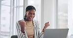 Business, black woman and excited with laptop in office for stock market achievement and crypto success. Professional, trader and celebration for investment growth, investor bonus and target goal