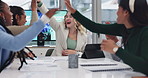 Documents, high five and success with business people clapping in boardroom of office for support. Applause, motivation and well done with winner employee team in workplace for bonus, goals or target