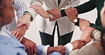 Group. businesspeople and hands with unity, circle and team building for collaboration. Coworkers, office and diversity with trust, mission and partnership for recruitment or hiring with company