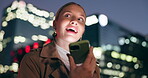 Woman, smile and outdoor with smartphone for voice note at night for conversation on social media in New York. Female person, happy and voicemail message for networking or communication on mobile app