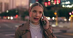 Woman, outdoor and smile on phone call for conversation, discussion and communication at night in New York. Female person, street and happy with commuting in city with networking for opportunities