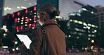 Woman, outdoor and smile with tablet for social media, networking and communication in New York at night. Female person, website and online for internet connection for news or business report