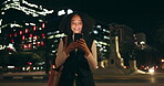 Night, walking and business woman with smartphone in city for communication, social media or networking. Smile, online and happy person with mobile for texting, notification or searching internet