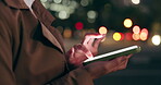 Night, woman and typing on smartphone in city for communication, social media or browsing on website. Female person, hands and employee working late for texting, chatting and scroll for travel app