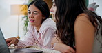 Talking, laptop and friends watching movies or show at home for sleepover with streaming service. Online series, people and women relax in bedroom with film, cinema subscription or choice on internet