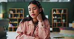 Girl, student and thinking in home for ideas or inspiration for school project, task and assignment for literature. Learner, tired and bored for studying or question, memory and solution for mistake.
