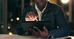 Black man, tablet and working at night in office with business analytics for company with stylus. Trading, planning or finance with broker for overtime on internet or searching app with trader.