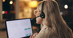 Businesswoman, telemarketing and virtual assistant with headset at call centre for customer service. Female person or employee and computer for client support and communication for technical issues