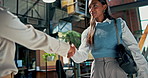 Business meeting, welcome and women with handshake in office for job interview, hiring or contract deal agreement. Thank you, support and team shaking hands for startup, intro and b2b networking