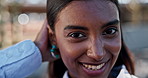 Face, smile and wind with Indian woman closeup for inspiration, mindset or mission. Excited, opportunity and portrait with happy person looking positive or proud in moment of enthusiasm or hope