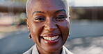 Business, black woman and face with closeup outdoor in city for morning commute, work travel and journey. Professional, african employee and portrait or happy in urban road with pride and fresh air