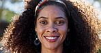 Portrait, outdoor and black woman with smile, face and wind on hair, confidence and haircare for spring. Bokeh, happiness and person with band for hairstyle, breeze and air on model in Brazil