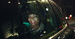 Night, cellphone and woman in car window for travel, transport or taxi for date. Technology, media or networking on mobile for female person, internet or scroll for online dating app and conversation