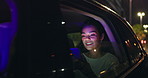 Woman, car window and smile on road with smartphone for social media, texting and networking in New York. Female passenger, taxi and happy at night with chat for online communication and traveling