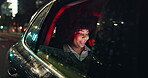 Night, cellphone and woman in car window for travel, transport or taxi for date. Technology, happy and networking on mobile for female person, smile and screen with light and online social media