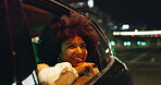 African girl, happy and window of car in night for city view, travel and outdoor street excitement for new urban life. Woman, driving and downtown with wind in hair for car ride sightseeing and tour.