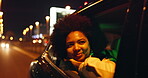 African woman, happy and window of car in night for city view, travel and outdoor street excitement for new urban life. Girl, driving and downtown with wind in hair for car ride sightseeing and tour.