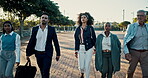 Business team, group and walk for commute to office, serious and professional in urban area. Diversity, collaboration and corporate employee outside, teamwork and community for law firm company