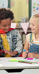 Boy, girl and coloring book in class at kindergarten with drawing, learning and happy with diversity. Children, friends and smile with conversation, pen and together for education for development