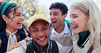 Students, happy and face outdoor with selfie for memories or social media profile, youth and education for knowledge. Friends, portrait and gen z in city for university or college, online and stream.