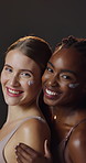 Beauty, face cream and interracial women in studio for natural, health and wellness routine. Skincare, glow and portrait of friends with lotion, spf or sunscreen for dermatology by black background.