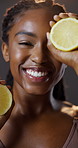 Lemon, beauty and portrait of black woman with natural vitamin c, skincare benefits and cosmetics in studio. Dermatology, fruit and girl with facial care, glow and healthy skin on dark background