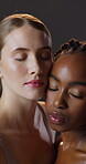 Woman, diversity and together in studio for skin care, flawless skin and cosmetic beauty with natural makeup. Support, self love and care with confident collaboration, empowerment and calm face