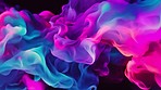 Smoke, neon and cloud in dark background as wallpaper, texture and backdrop with motion. Vapor, fumes and emission for futuristic, 3D and effect in dynamic, abstract or flow as gas, smog or design